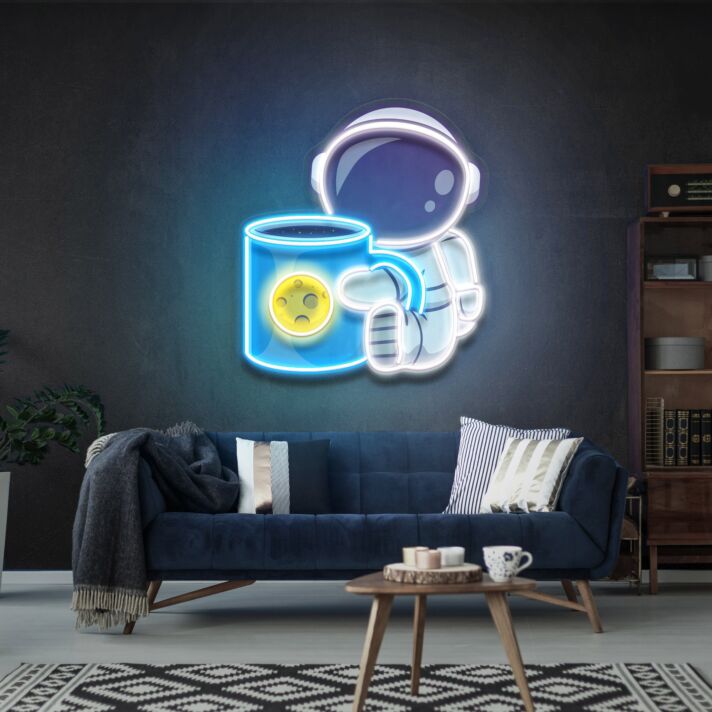 Astronaut with Moon Mug UV LED Neon Sign for Space-Themed Room Decor