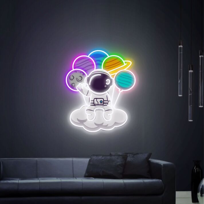 Astronaut on Cloud with Planets UV LED Neon Sign for Space-Themed Bedroom Decor