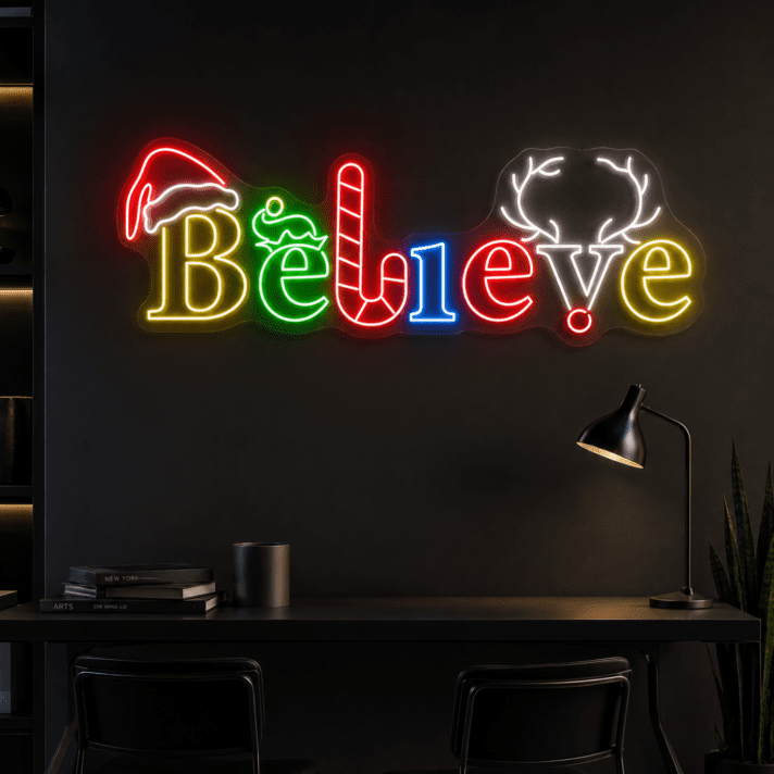Brighten Your Festive Celebrations: Believe Christmas Hat Led Neon Sign Candy Cane Christmas Neon Sign for Home Decor, Office Festivities, and Holiday Parties.