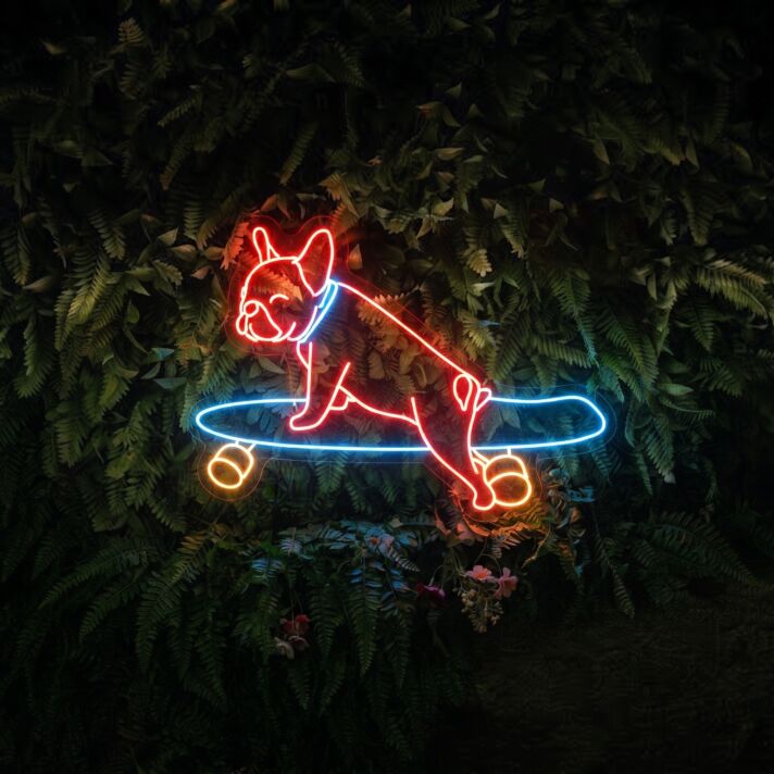 Brighten Up Your Space: Perfect for Room Decor, Bars, and Skate Shops with Bulldog Skateboarding LED Neon Sign Cute Dog Skateboarder LED Signs.