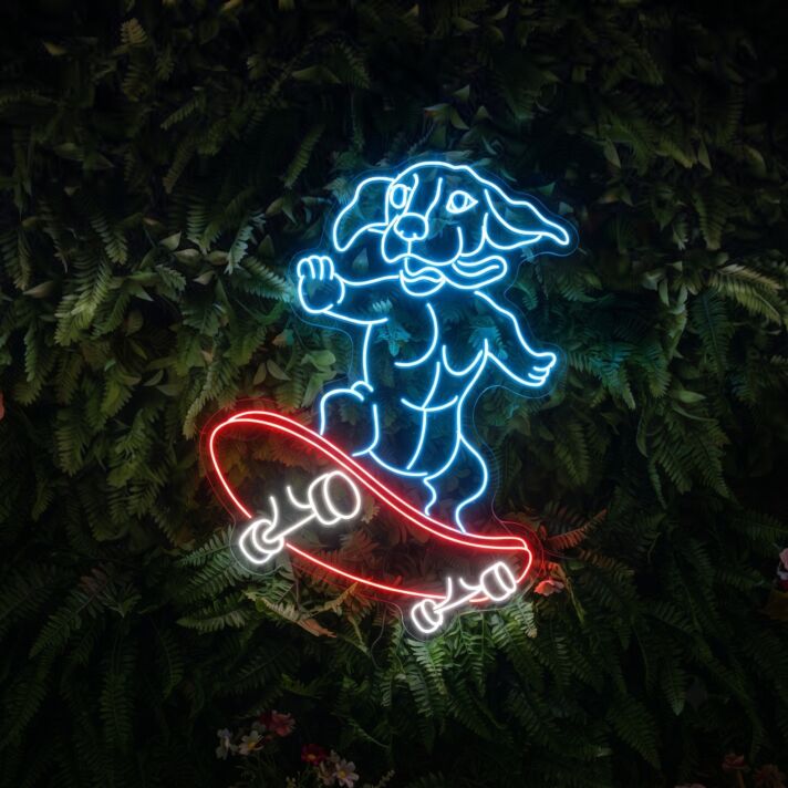 Brighten Your Space: Cool Dachshund Skateboarding Led Neon Sign, Perfect for Home Decor, Bars, and Pet-Friendly Cafes.