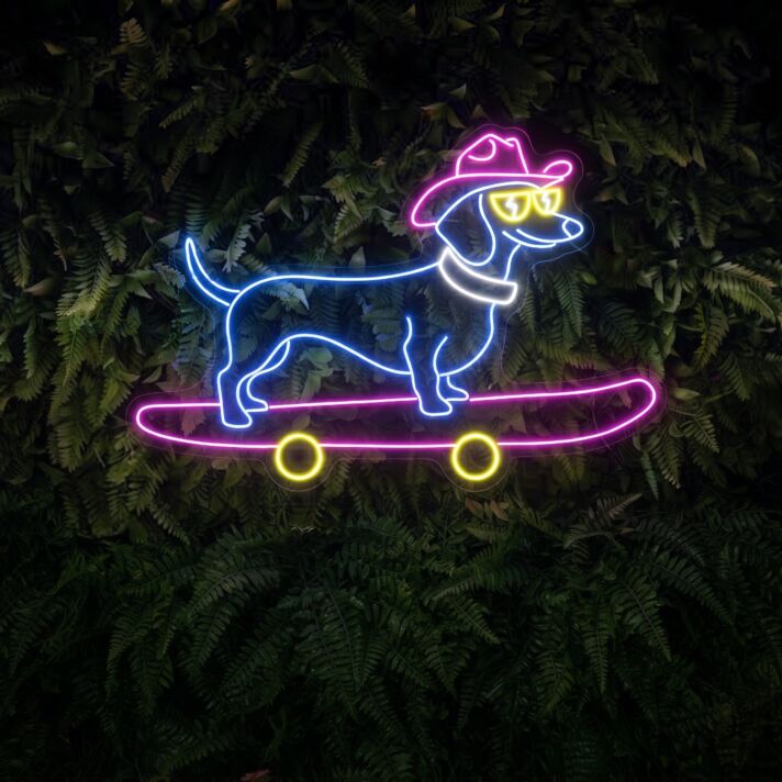 Brighten Up Your Space: Cowboy Dachshund Skateboarding Led Neon Sign - Perfect for Home Decor, Bars, and Party Ambiance.