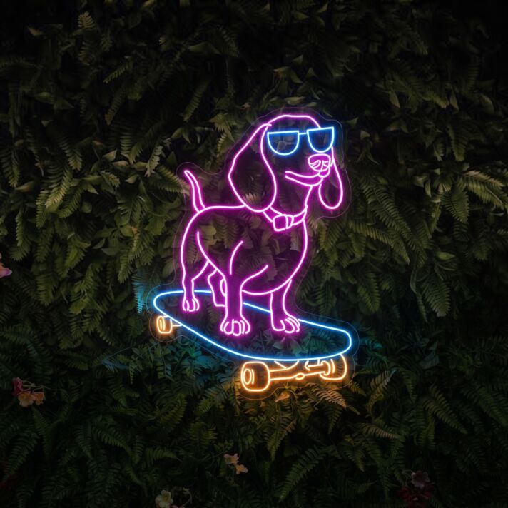 Brighten Up Your Home, Office, or Skate Shop with the Cute Dog Skateboarder Led Sign Dachshund Neon Light in Purple - Perfect for Room Decor, Store Displays, and Themed Parties.