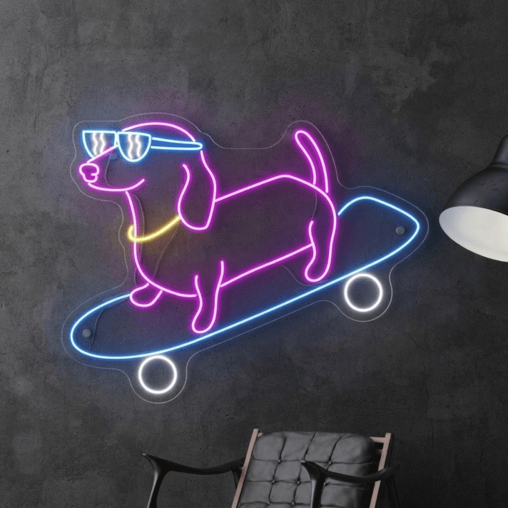 Brighten Your Space: Cute Dog Skateboarder Led Sign Dachshund Neon Light, Perfect for Home Decor, Offices, and Pet Shops.