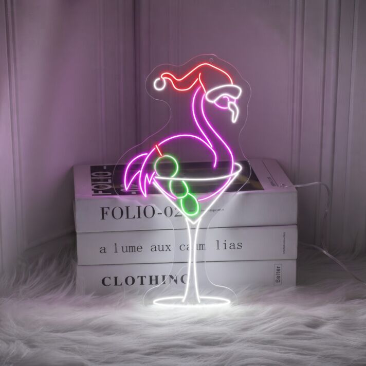 Transform Your Festive Celebrations and Spaces: Flamingo Christmas Hat Led Neon Sign & Flamingo Martini Led Sign - Perfect for Home Decor, Office Ambiance, Storefronts, Bars, and Seasonal Weddings
