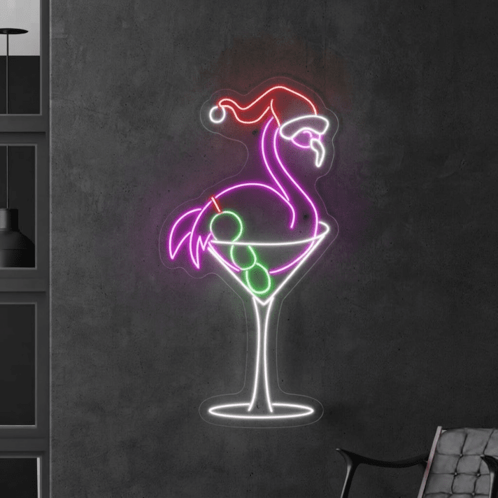 Transform Your Festive Celebrations and Spaces: Flamingo Christmas Hat Led Neon Sign & Flamingo Martini Led Sign - Perfect for Home Decor, Office Ambiance, Storefronts, Bars, and Seasonal Weddings