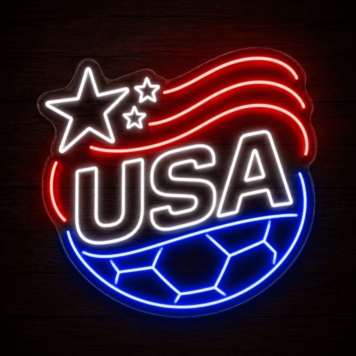 USA Soccer American Flag LED Neon Sign, Patriotic Red White & Blue Waving Stripes Sports Wall Decor Light, Team Football Star Silhouette Light for Man Cave, Bar, Fan Cave Event Display