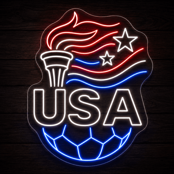 USA Soccer Crest Shield LED Neon Sign, Patriotic Red White & Blue Team Sports Wall Decor Light, American Football Emblem Silhouette Light for Man Cave, Bar, Fan Cave Event Display