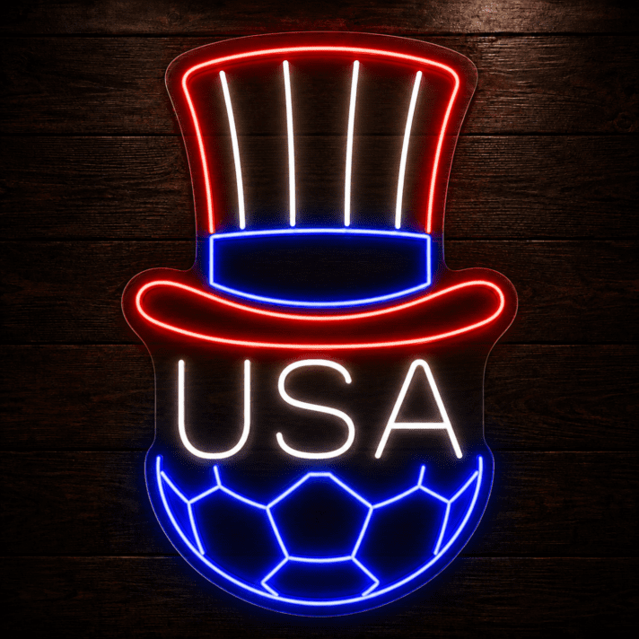 USA Soccer Longhorn LED Neon Sign, Patriotic Red White & Blue Texas Bull Sports Wall Decor Light, American Football Steer Skull Silhouette Light for Man Cave, Bar, Fan Cave Event Display