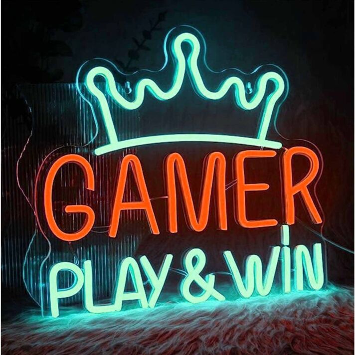 Play & Win Gamer King Crown Game Neon Sign