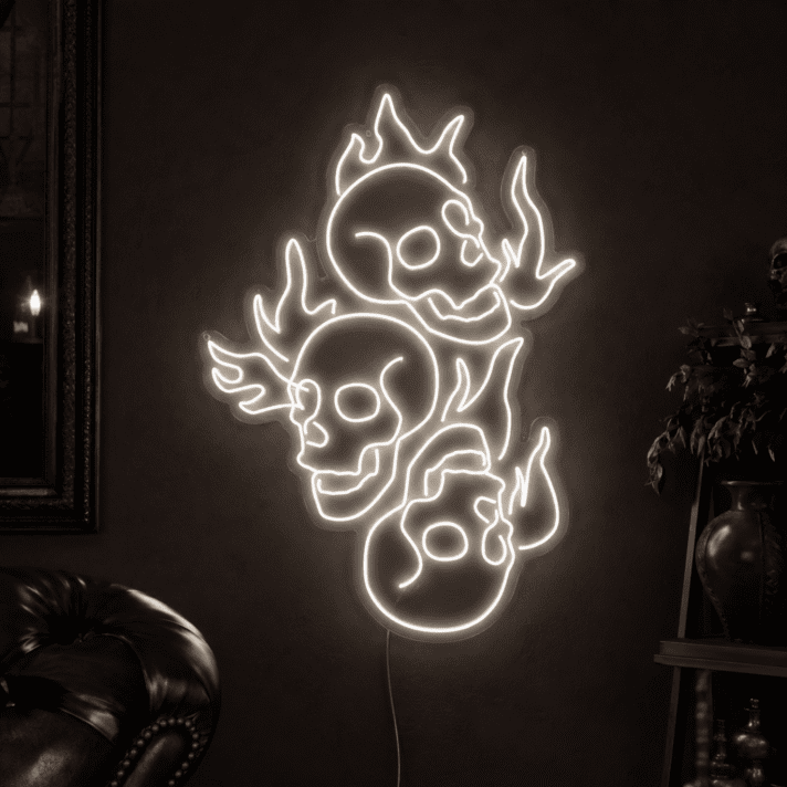 Three Flaming Skulls LED Neon Sign for Gothic Decor