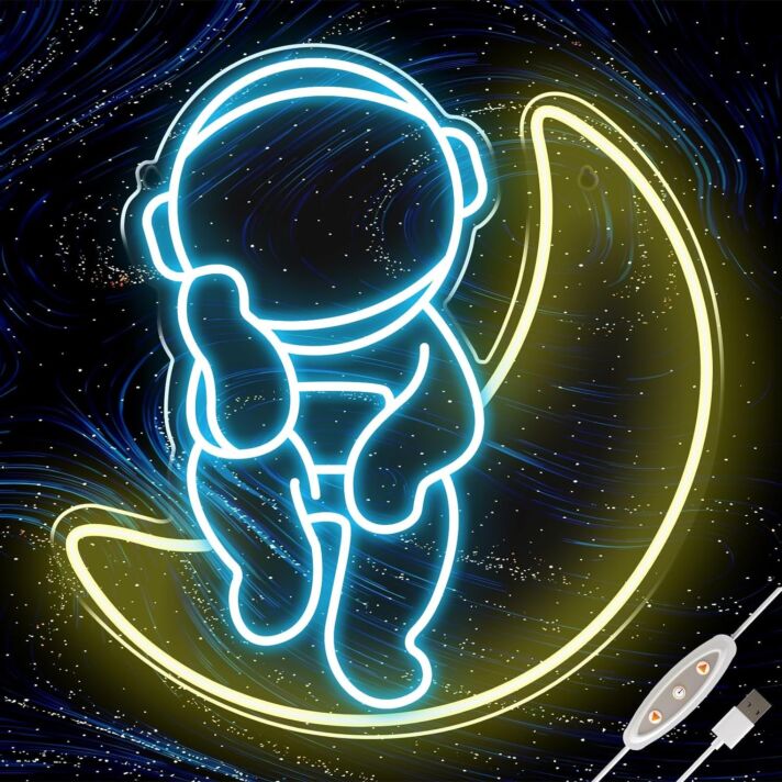 Ice Blue Astronauts Sitting on the Moon Neon Sign Space Kids Room