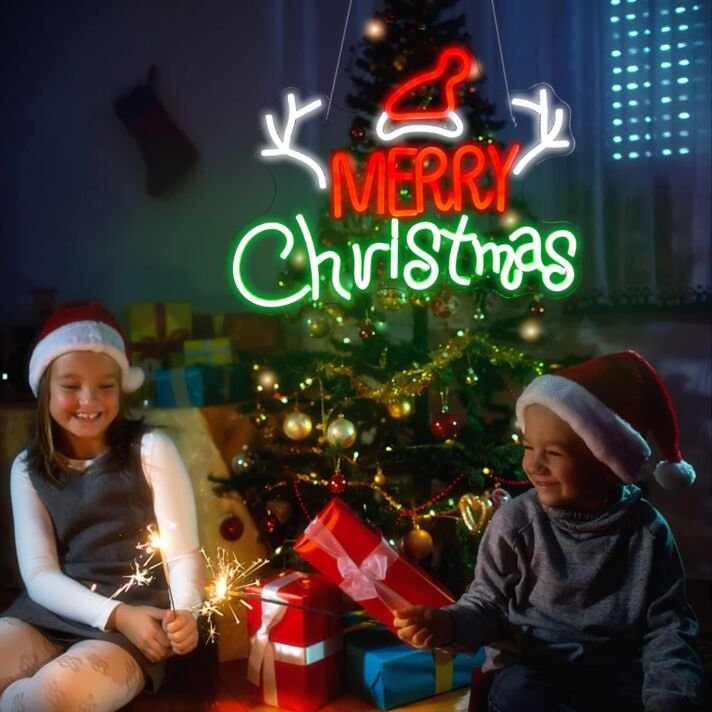 Santa Hat and Merry Christmas Neon Sign Holiday Cheer