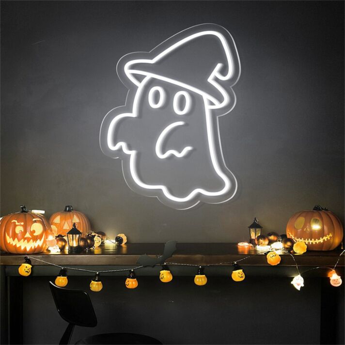 Brighten Up Your Halloween Festivities: Cute Ghost Hat Halloween LED Neon Sign Perfect for Home Decor, Office Spookiness, and Bar Celebrations
