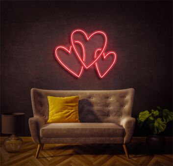 Light Up Your Special Moments: Three Love Heart LED Neon Sign Perfect for Weddings, Anniversaries, and Romantic Home Decor.