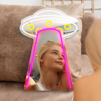 Transform your space into a vibrant haven for parties, weddings, and cozy evenings with the Cosmic Frisbee Styling Neon Mirror Sign.