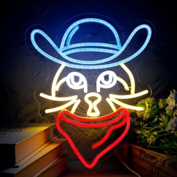 Brighten Up Your Bar, Bedroom, or Gaming Space with the Adorable Cute Cat In Dark Blue Cowboy Hat Neon Sign.