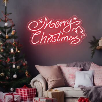 Brighten Your Holiday Celebrations at Home, Office, or Store with the Cheerful Merry Christmas Words Stars Trees Neon Sign.