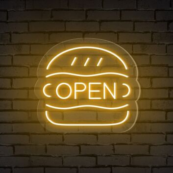 Brighten Up Your Burger Shop, Bar, or Food Truck Ambiance with the Open Word Neon Sign.