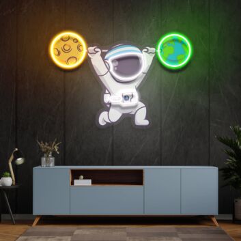 Brighten Your Space: Weightlifting Astronaut LED UV Neon Sign for Unique Living Room Wall Decor, Ideal for Gyms, Offices, and Themed Parties.