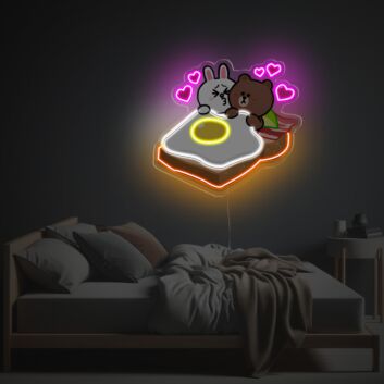 Brighten Up Your Nursery, Playroom, or Bedroom with the Whimsical Charm of Rabbit And Bear Sleeping On The Bread LED Neon Acrylic Artwork.