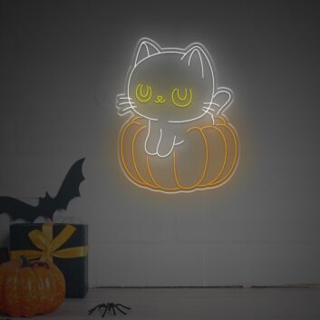 Spookify Your Spooky Season: Enhance Your Halloween Decor, Parties, and Events with the Halloween Cute Cat With Pumpkin LED Neon Sign.