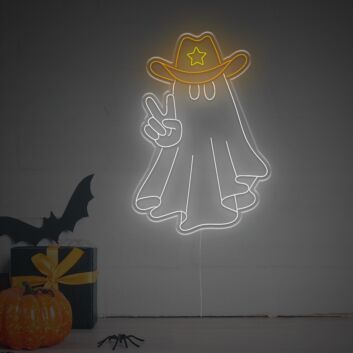 Elevate Your Halloween Ambiance: Perfect for Home Decor, Theme Parties, and Bars - Halloween Ghost With Cowboy Hat With Star LED Neon Sign.