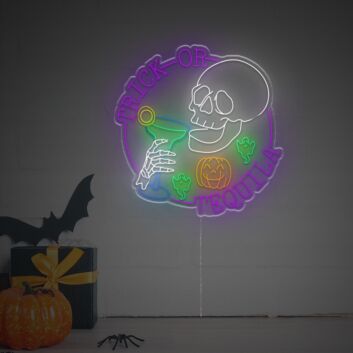 Brighten Up Your Halloween Party, Bar, or Home Decor with the Halloween Trick Or Tequila With Skull LED Neon Sign.