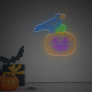 Brighten Up Your Halloween Festivities and Home Decor with the Helloween Pumpkin With Blue Crow LED Neon Sign