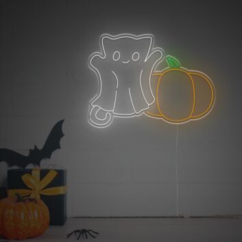 Add a Spooky Twist to Your Halloween Decor and Celebrations with the Pumpkins Cat Ghost LED Neon Sign.