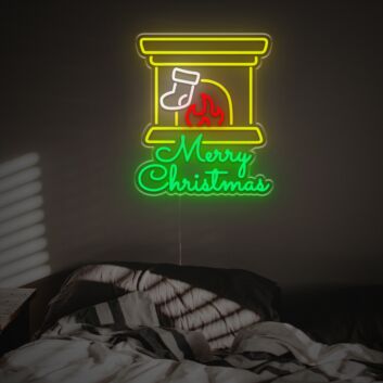 Brighten Your Festive Celebrations and Decor: Marry Christmas With Sock And Fireplace LED Neon Sign for Home, Office, and Holiday Parties.
