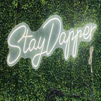 Elevate Your Space: Stay Dapper White LED Neon Sign - Perfect for Home, Office, Bars, and Weddings.