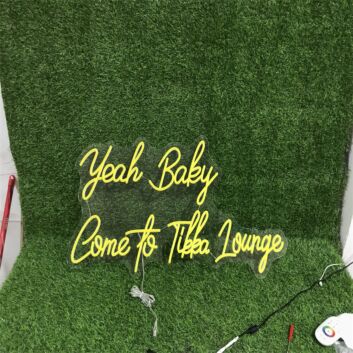 Brighten Up Your Bar, Restaurant or Home Entertainment Space with the &quot;Yeah Baby Come To Tikka Lounge&quot; Yellow Custom LED Neon Sign.