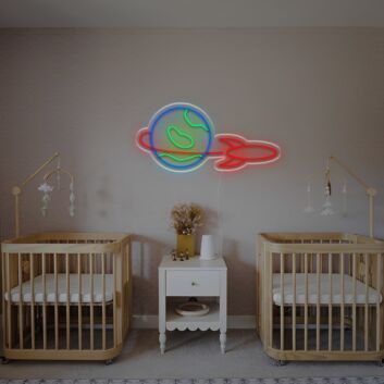 Bring Space Adventure to Your Rooms, Parties, and Workspaces with the Rocket Orbiting The Earth LED Neon Sign.