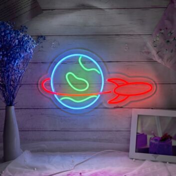 Bring Space Adventure to Your Rooms, Parties, and Workspaces with the Rocket Orbiting The Earth LED Neon Sign.