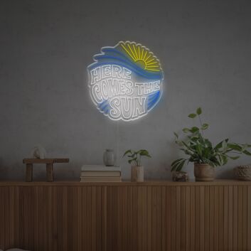 Brighten Your Beach House, Bar, or Wedding Venue with the "Here Comes The Sun With Wave" LED Neon Sign.
