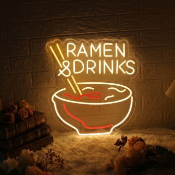 Brighten Your Kitchen, Bar Area, or Next Party with the Vibrant Ramen And Drinks LED Neon Sign.