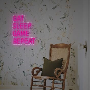 Elevate Your Gaming Zone or Den with the Vibrant Eat Sleep Game Repeat LED Neon Sign - Perfect for Parties, Home Decor, and Office Lounges.