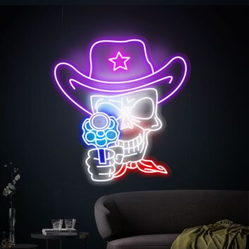 Transform Your Game Room, Bar, or Man Cave with the Cowboy Skull Neon Sign Skull And Revolver Neon Lights Decor.