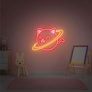 Brighten Your Children's Room and Celebrate Special Occasions with Meow Planet Neon Sign Cute Cat Neon Sign Kid Room Wall Light Decoration Perfect for Parties, Weddings, and Playful Home Decor.