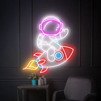 Transform Your Space: Rocket Astronaut LED Neon Sign for House Wall Art, Perfect for Bedrooms, Gaming Rooms, and Sci-Fi Themed Parties.