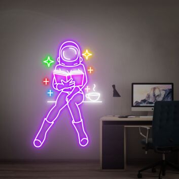 Astronaut Reading a Book with Coffee LED Neon Sign