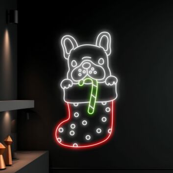 Elevate Your Festive Decor: Bulldog With Christmas Stocking Led Neon Sign for a Joyful Holiday Ambiance in Homes, Parties, and Bars