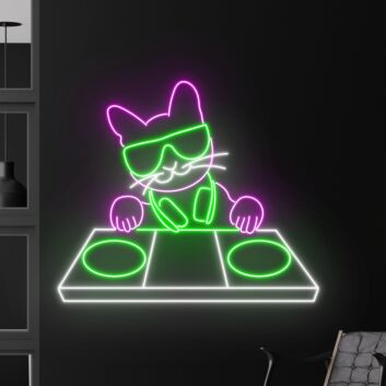 Brighten Up Any Space: Cat Playing Dj Led Sign - Perfect for Cat Lover’s Room, Home Bar, and Club Decorations.