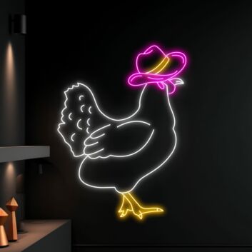 Brighten Up Your Restaurant, Bar or Home with the Whimsical Chicken Cowboy Hat LED Sign - Perfect for Animal Lovers and Neon Light Enthusiasts Alike!