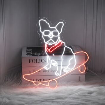 Brighten Your Bar, Home, or Skate Shop with the Playful Cute Dog Skateboarder Led Sign Bulldog Led Neon Sign.