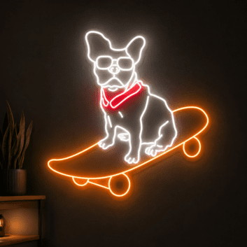 Brighten Your Bar, Home, or Skate Shop with the Playful Cute Dog Skateboarder Led Sign Bulldog Led Neon Sign.