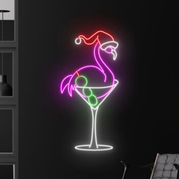 Flamingo in Martini Glass with Santa Hat LED Neon Sign