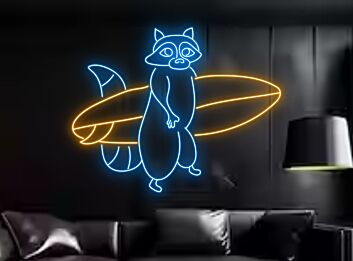 Raccoon Hold Surfboard Led Neon Sign