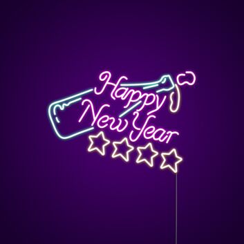 Happy New Year Champagne Bottle and Stars LED Neon Sign